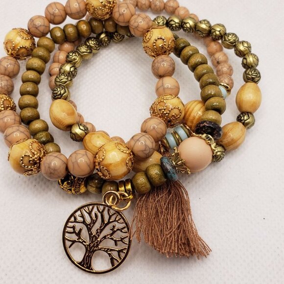Multilayer Bracelet Tassel Tree of Life Shape Pendant Handmade Beads Stretchy Br - Picture 8 of 16